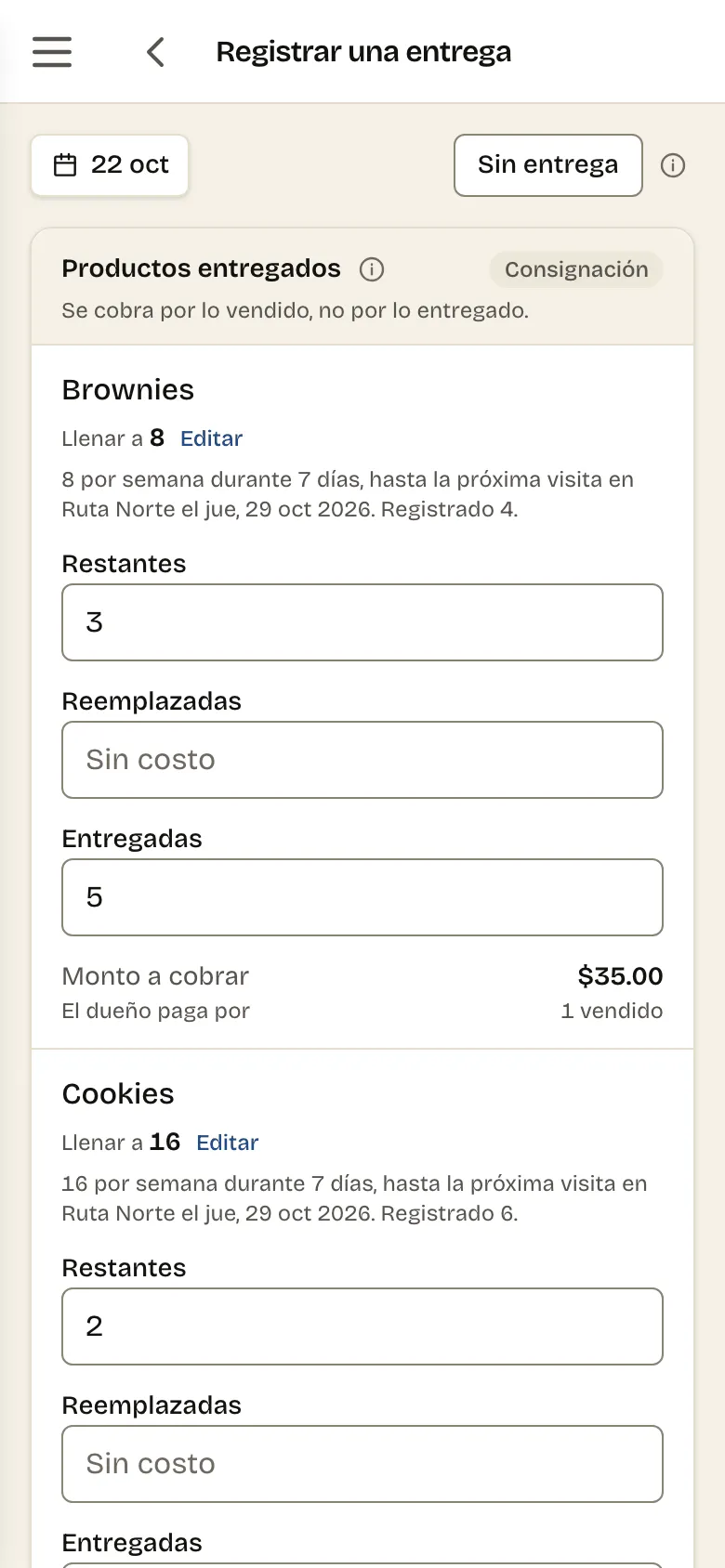 La misma pantalla en un celular, con los campos uno debajo de otro y botones grandes.