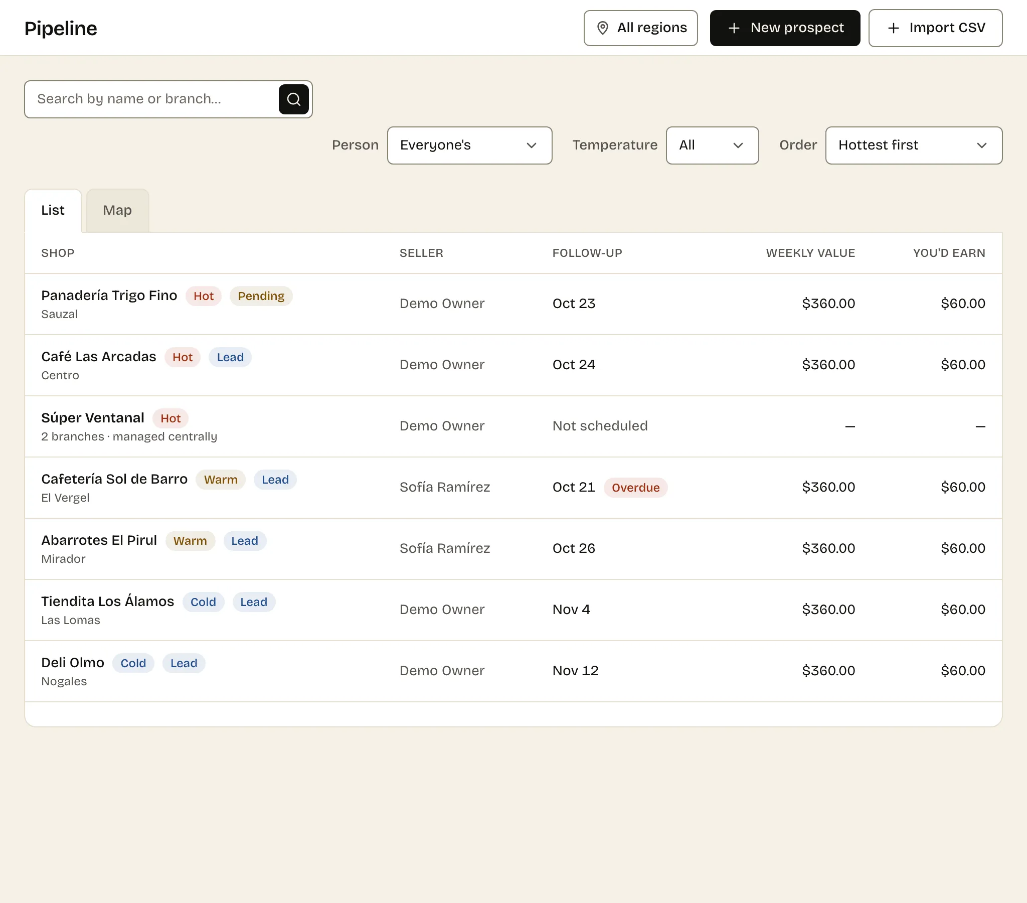 A CRM for wholesale, built around the shops you visit — The actual screen, with real data.