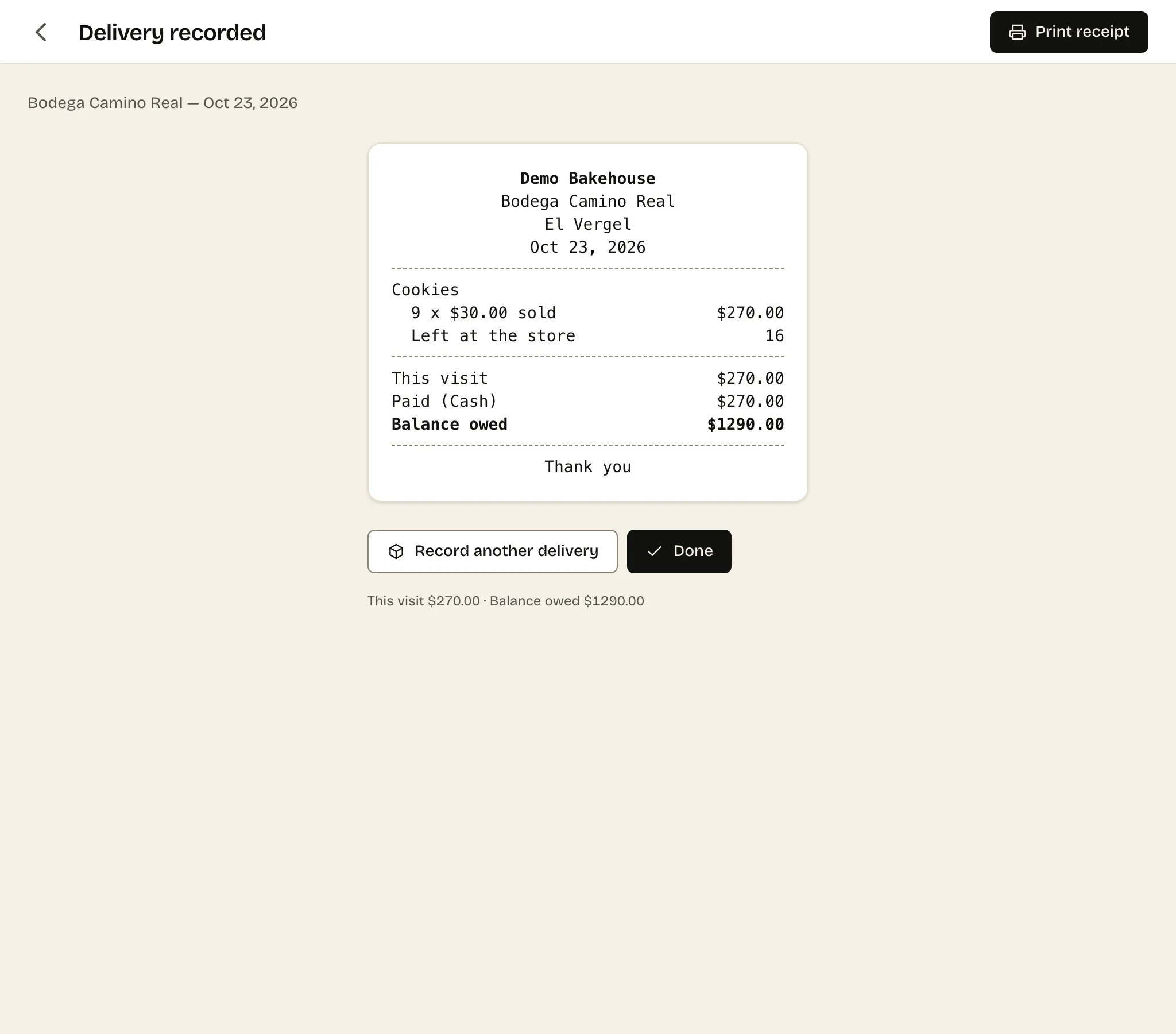 A delivery receipt for Panadería El Tejado: 13 cookies sold at $30.00, 19 left at the store, $390.00 this visit, $0.00 paid, $390.00 balance owed.