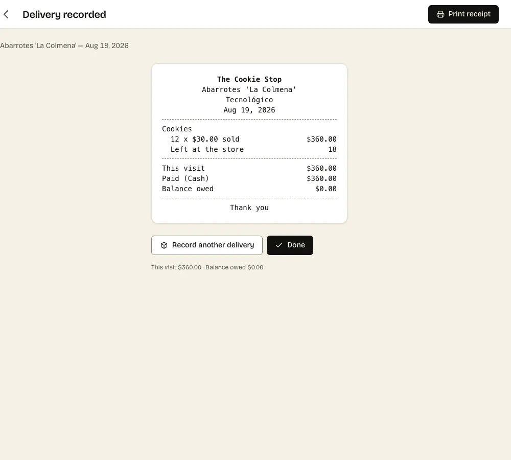 Leave a printed receipt before you drive off — The actual screen, with real data.