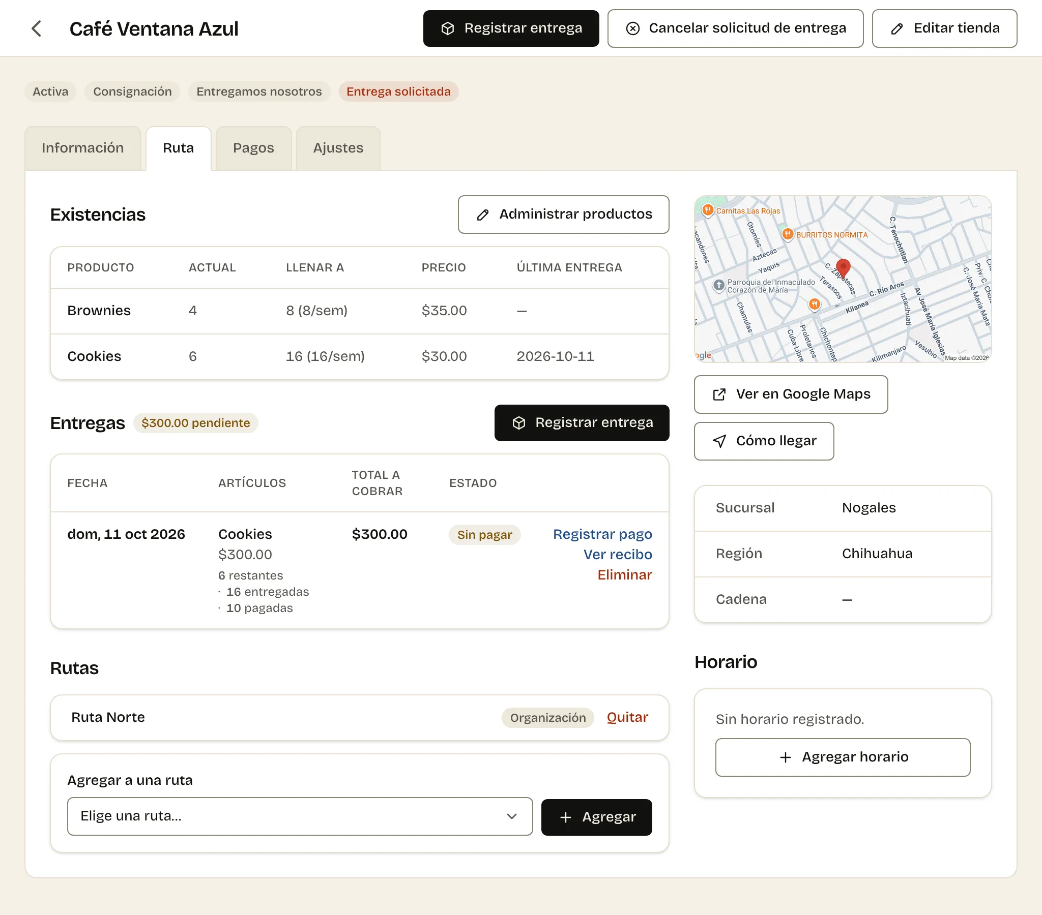 Cada tienda con su precio y sus ventas por semana — La pantalla de verdad, con datos reales.